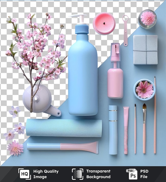 Een blauwe tafel met roze bloemen, een blauwe fles en een zilveren lepel.