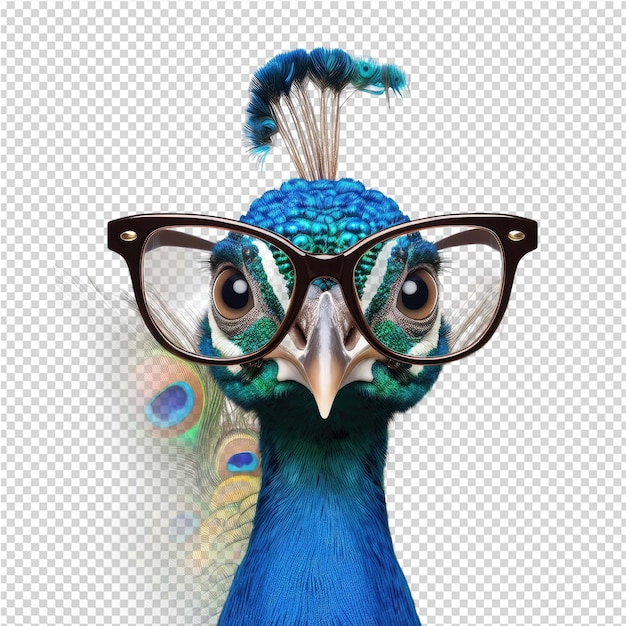 Een blauwe vogel met een bril met een vogel erop