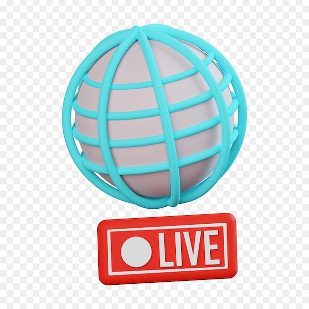 PSD een blauwe wereldbol met een rood bord waarop live staat 3d live stream-logo