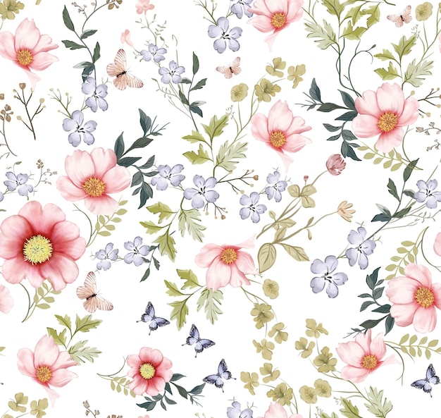 een bloemig behang met bloemen en vlinders