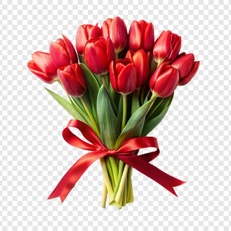 PSD een boeket rode tulpen met een rood lint op een doorzichtige achtergrond