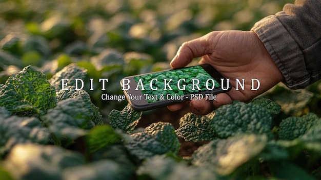 Een boer houdt een smartphone vast die een close-up van groene planten in een veld toont