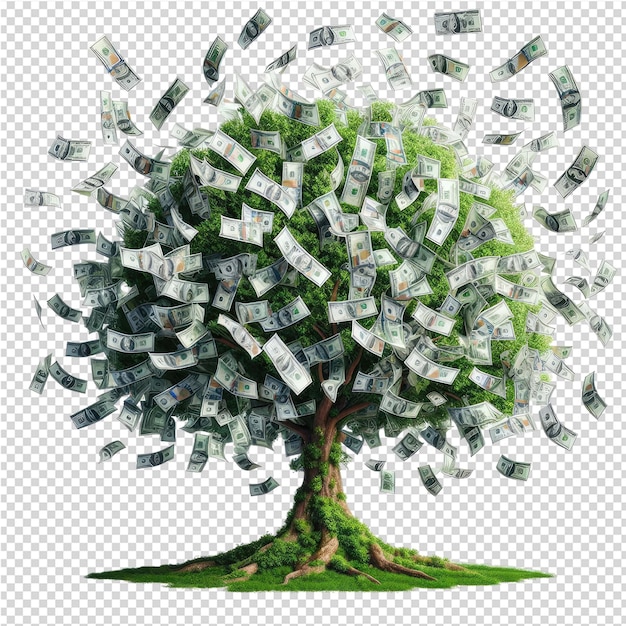 Een boom met geld en het woord geld erop.