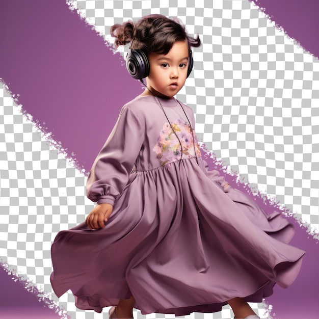 PSD een boos kindmeisje met kort haar van de mongoolse etniciteit, gekleed in luisteren naar muziekalbums, poseert in volledige lengte met vloeiende kledingstijl tegen een pastelkleurige lavendelachtergrond