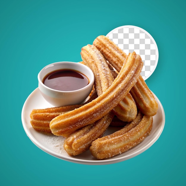 Een bord churros met een dipsaus erop.