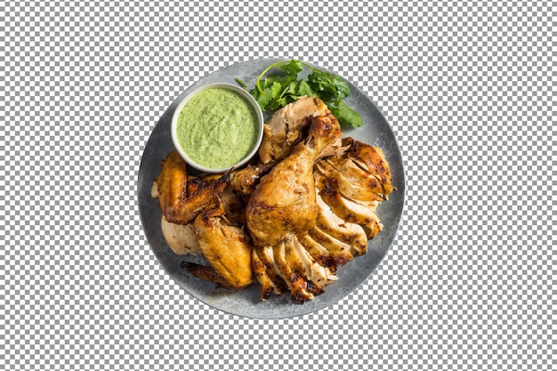 Een bord kip met groene saus op een geruite geïsoleerde en transparante achtergrond