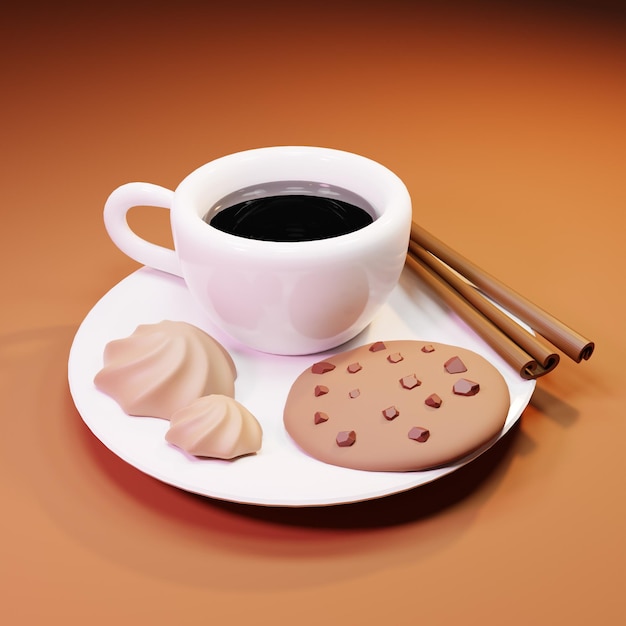 Een bord met een kopje koffie en koekjes erop
