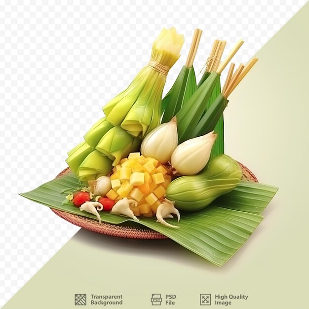 PSD een bord met groenten met een afbeelding van een bananenblad.