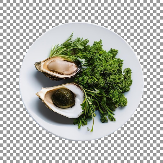 PSD een bord oesters met een groen kruid op transparante achtergrond