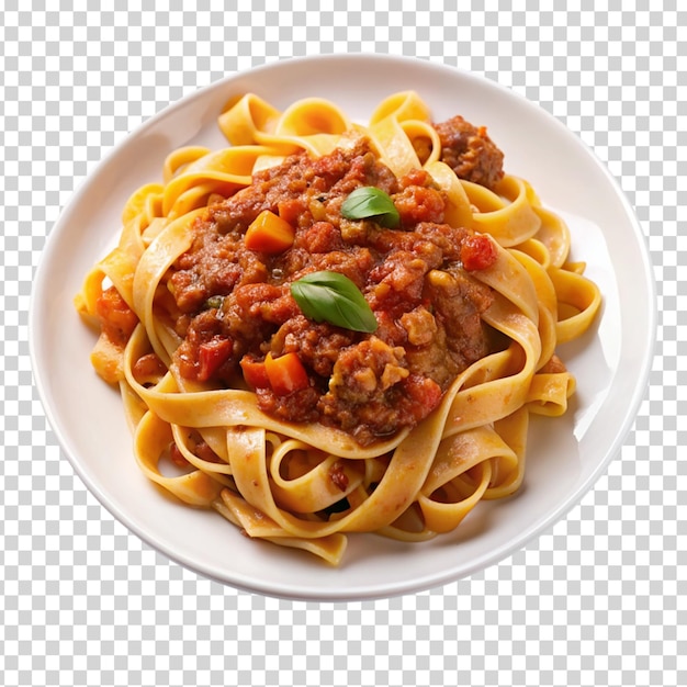 PSD een bord pasta met een rode saus en groene kruiden op een doorzichtige achtergrond