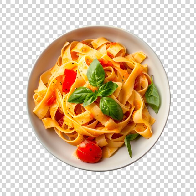 Een bord penne pasta met tomaten- en basilicumbladeren op een doorzichtige achtergrond