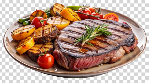PSD een bord perfect gegrilde biefstuk met geroosterde groenten geïsoleerd op een doorzichtige achtergrond