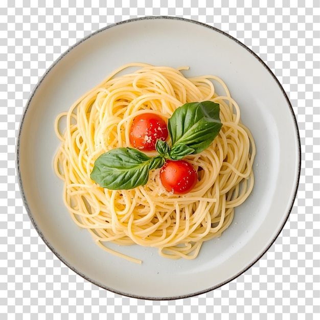 een bord spaghetti met een tomat en basilicum erop