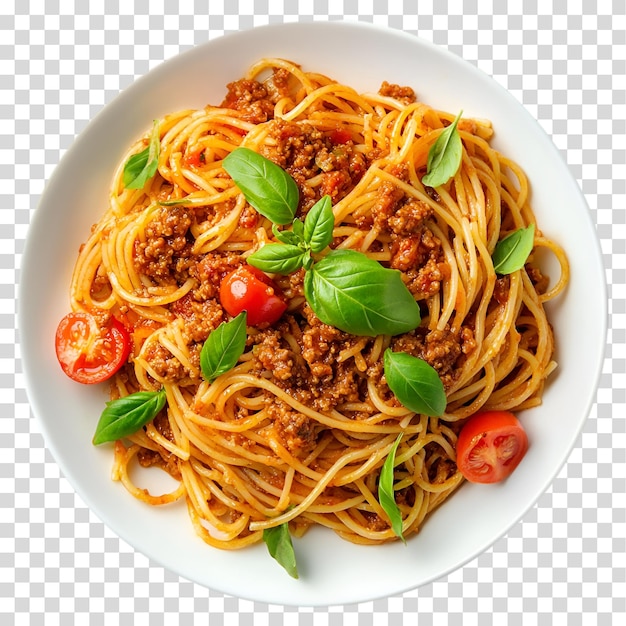 een bord spaghetti met vlees en groenten en een tomatensous
