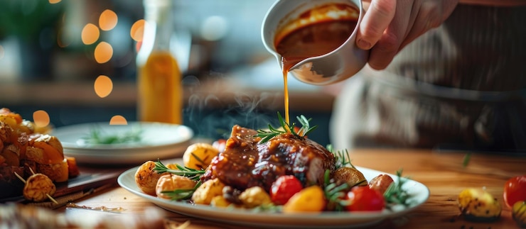 PSD een bord vlees met saus erover gegoten het bord ligt op een houten tafel