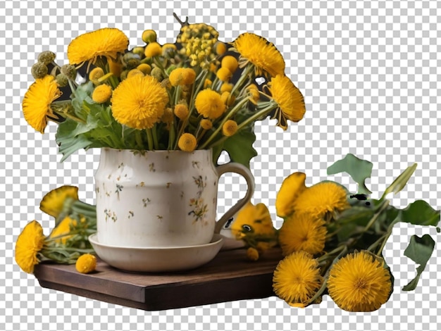 PSD een bos gele bloemen en paardenbloemen op een doorzichtig object