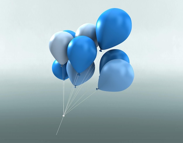Een bos van blauwe en witte ballonnen met een die zegt "ik hou van jou".