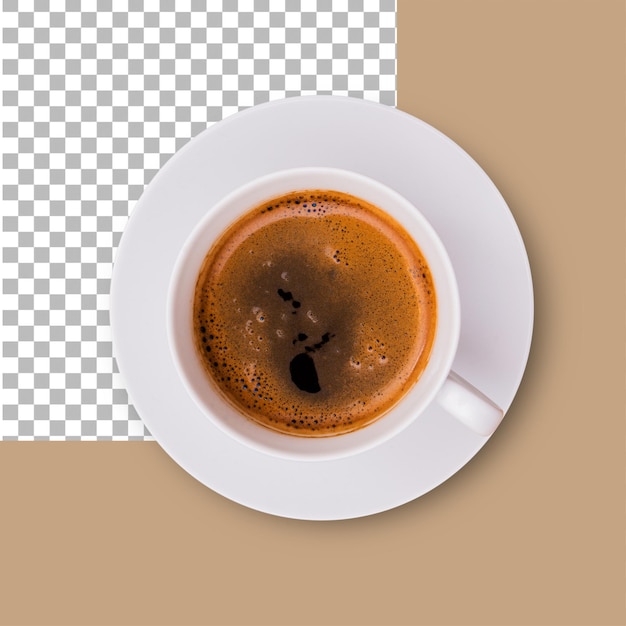 Een bovenaanzicht van een kopje koffie op een bord