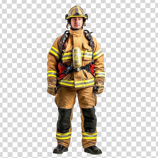 een brandweerman die een brandpak draagt met gele strepen erop