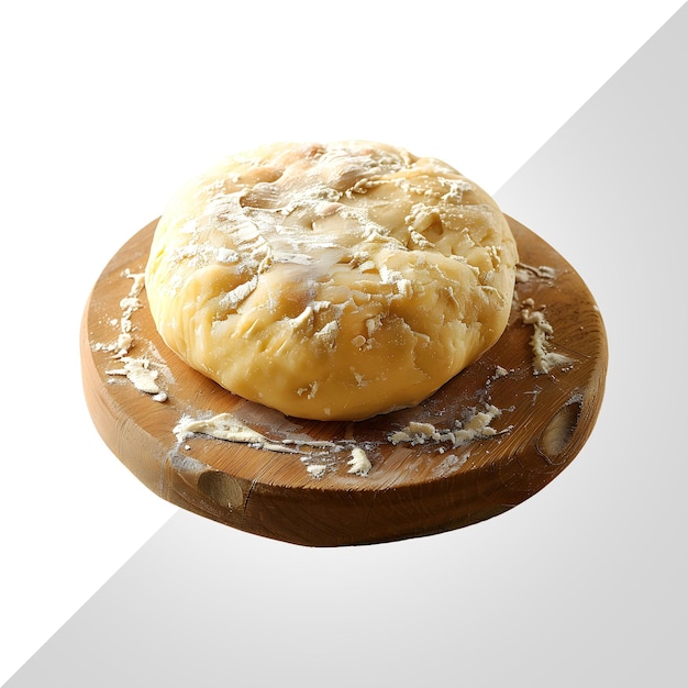 een broodje brood zit op een houten snijplank met een foto van een bagel erop