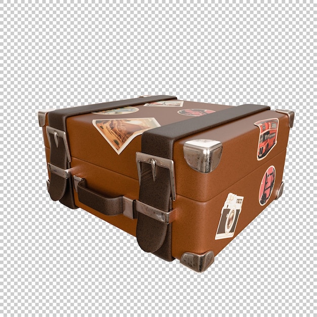 Een bruine retro vintage koffer met stickers erop.