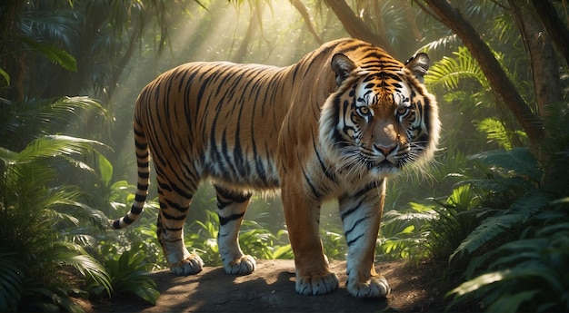 Een brullende koninklijke bengaalse tijger in een regenwoud koninklijk tijger bureaublad behang