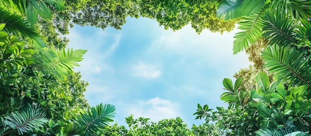 Een canopy van weelderig groen tegen een heldere blauwe lucht