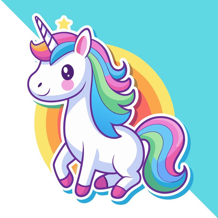 PSD een cartoon eenhoorn met een regenboog erop