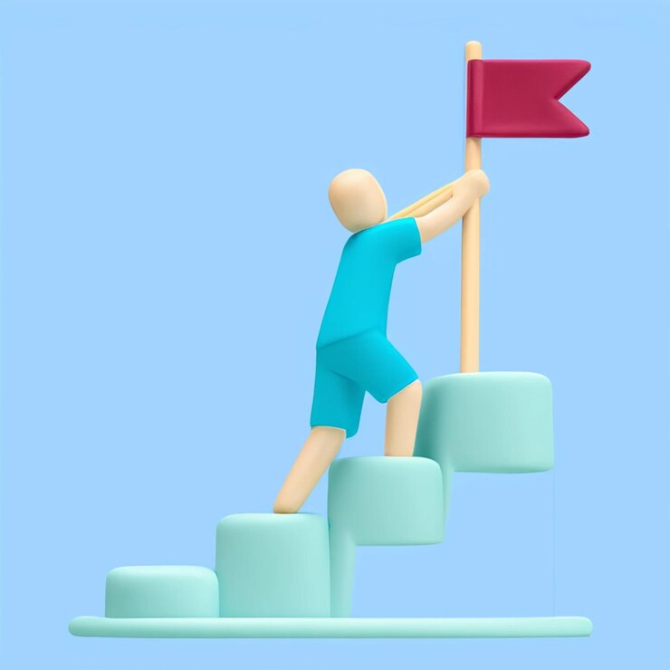 PSD een cartoon figuur met een rode vlag op de top van een trap