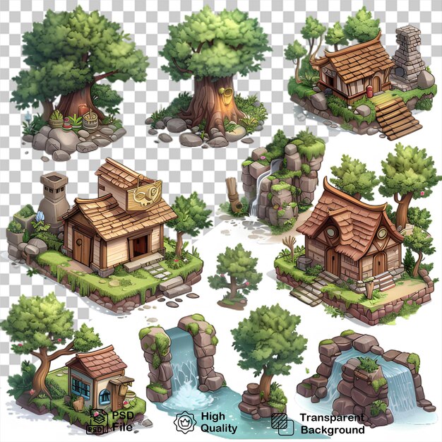 Een cartoon illustratie van een tuin met een huis en bomen met een transparante achtergrond
