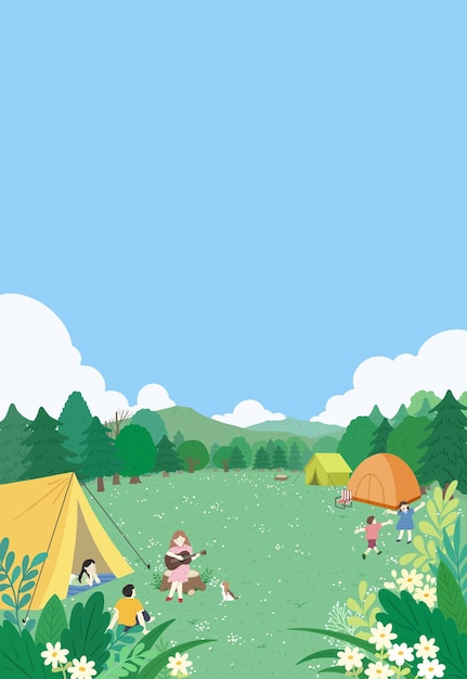 een cartoon illustratie van mensen die in een veld spelen met tenten en bomen