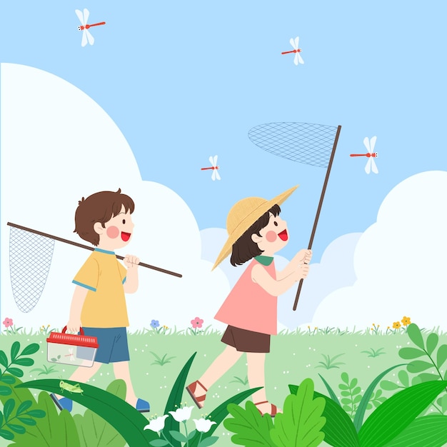 een cartoon illustratie van twee kinderen die in een veld spelen