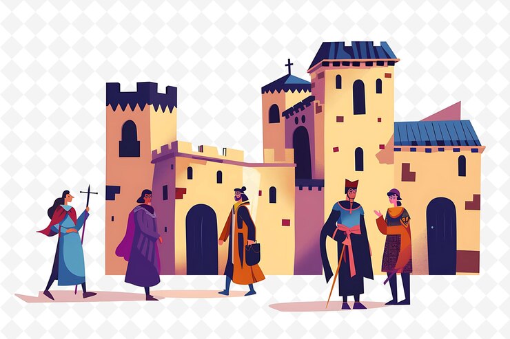 PSD een cartoon van een kasteel met een kasteel op de achtergrond