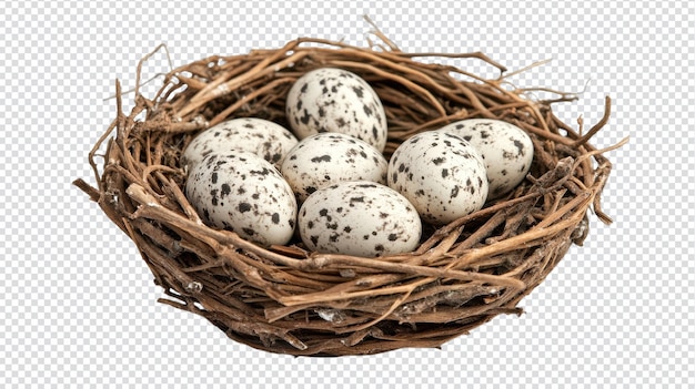 Een charmant klein vogelnest met prachtige gevlekte eieren, perfect voor natuurliefhebbers en wildlife-illustraties