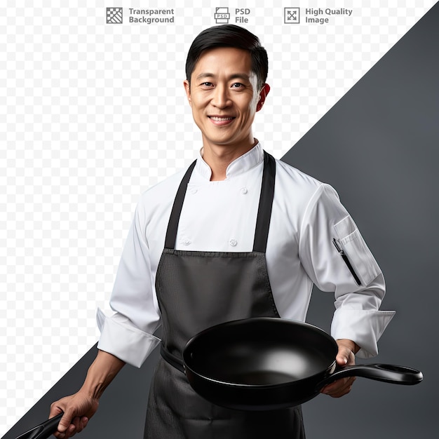 een chef-kok in een wit overhemd houdt een koekenpan vast.