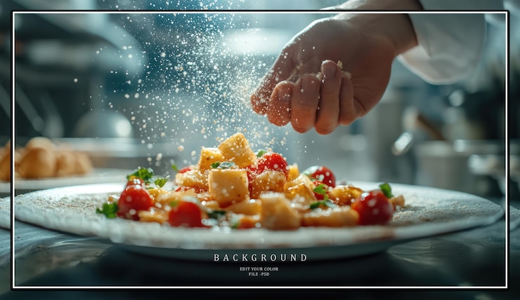 PSD een chef-kok strooit parmesan kaas over een bord pasta met kersentomaten en basilicum