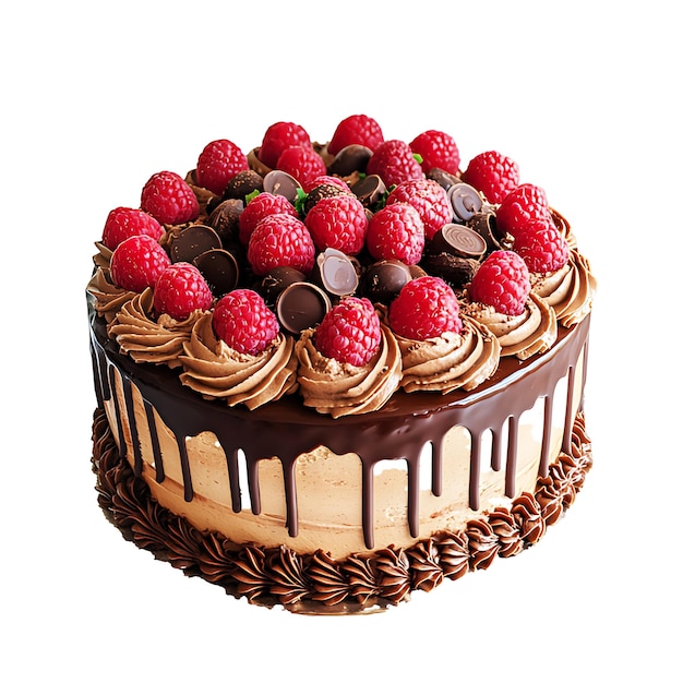 een chocoladekoek met chocolade en frambozen bovenop