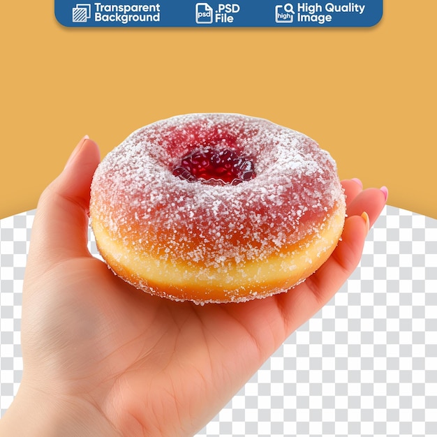 PSD een close-up foto met een heerlijke jelly donut in de hand van een vrouw