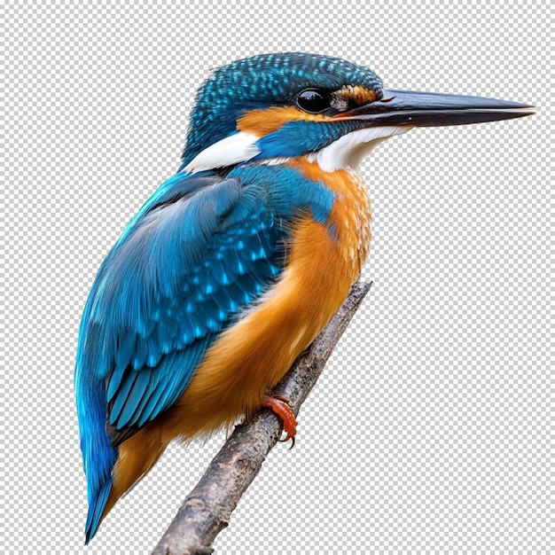 Een close-up portret van een levendige blauw-bruine kingfisher op een doorzichtige achtergrond