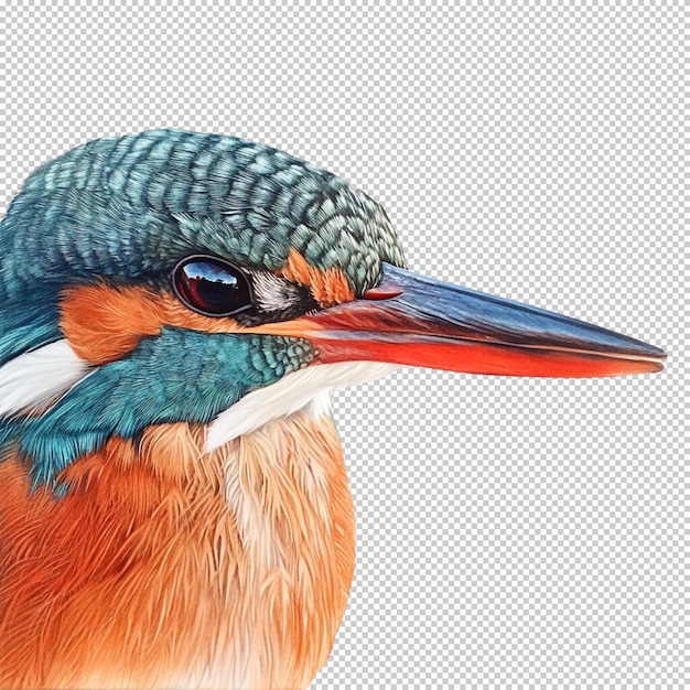 Een close-up portret van een levendige blauw-bruine kingfisher op een doorzichtige achtergrond