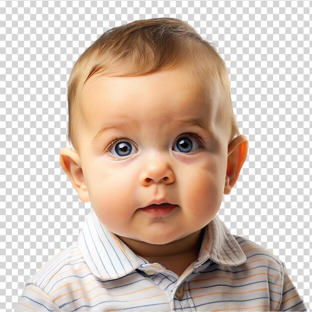 Een close-up van een baby met boeiende blauwe ogen op een doorzichtige achtergrond