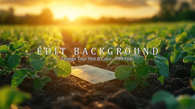 Een close-up van een veld van jonge groene planten bij zonsondergang met een klein stukje papier op de grond
