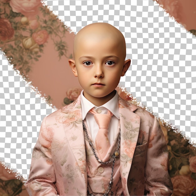 PSD een compassionate child jongen met kaal haar van de scandinavische etniciteit gekleed in digital marketer kleding poseert in een one hand on waist stijl tegen een pastel rose achtergrond