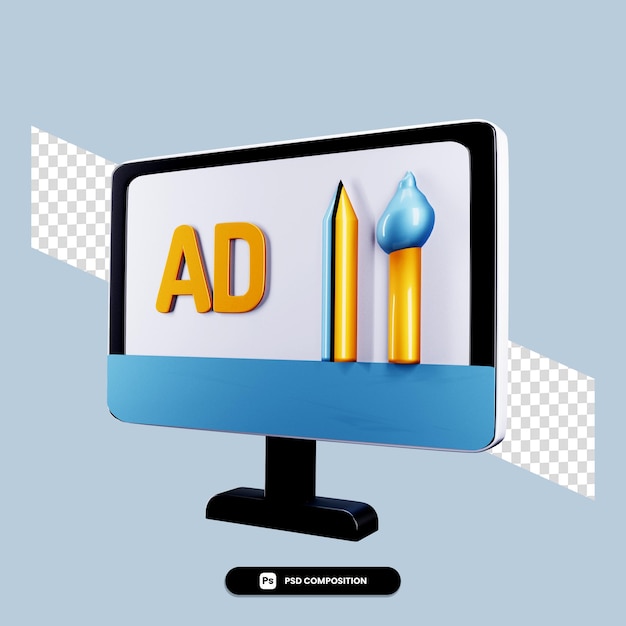 PSD een computerscherm met een blauwe achtergrond en een wit scherm waarop een advertentie staat.
