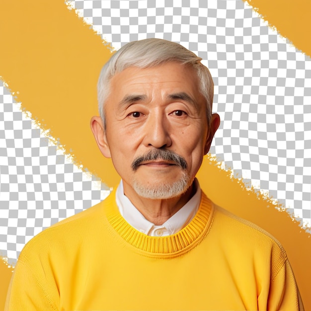 PSD een content senior man met kort haar van de mongoolse etniciteit gekleed in copywriter kleding poseert in een close up of lips stijl tegen een pastel gele achtergrond