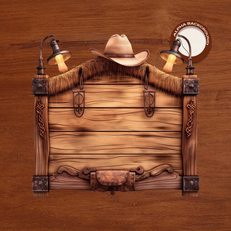 een cowboyhoed is op een houten stoel met een spiegel en een cowboy hoed erop