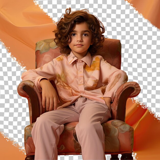 Een dankbaar kind jongen met golvend haar van het midden-oosten etnische gekleed in baking gebak kleding poseert in een laid back chair lean stijl tegen een pastel peach achtergrond