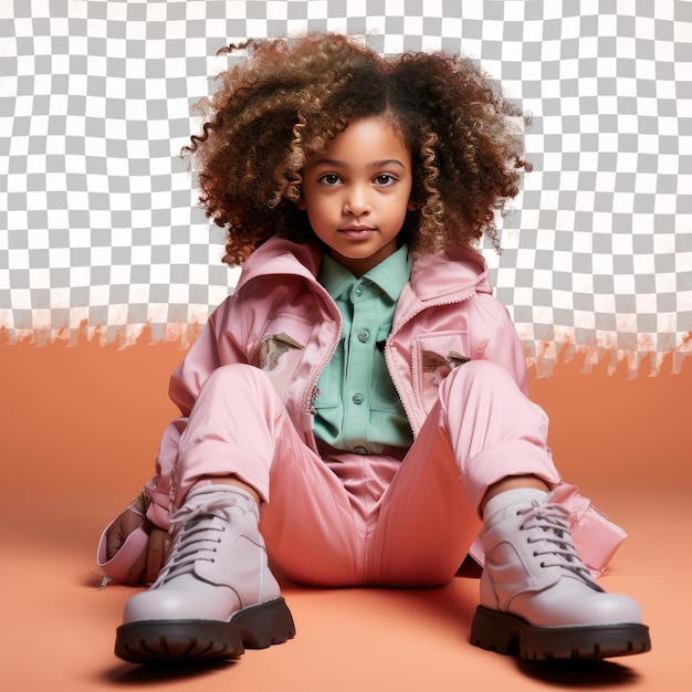 PSD een defensief kind meisje met kinky hair van de scandinavische etniciteit gekleed in food scientist kleding poseert in een sitting with legs stretched out stijl tegen een pastel coral achtergrond