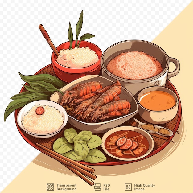 PSD een dienblad met eten met een afbeelding van een maaltijd met rijst en vlees.