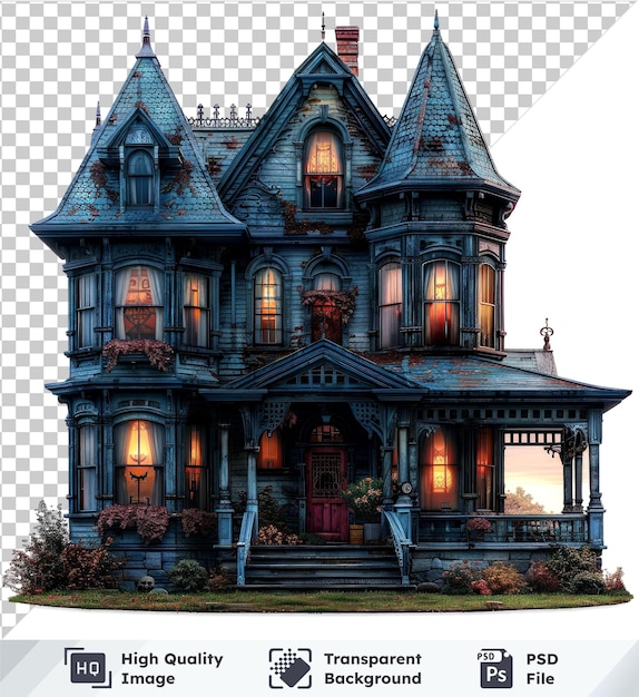PSD een doorzichtige psd-foto van een halloween-horrorhuis met een rode bakstenen schoorsteen en meerdere ramen
